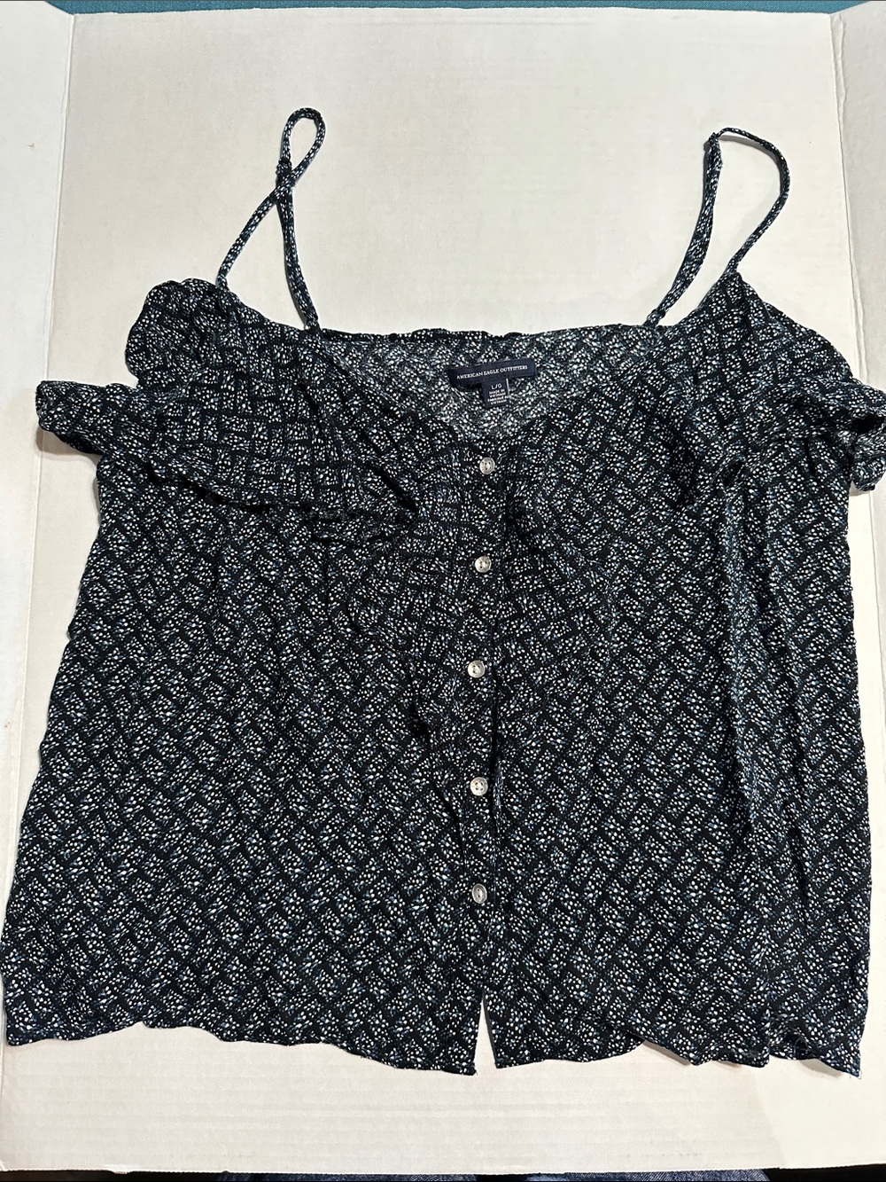 American Eagle Outfitters Navy Button-Front Spaghetti Strap Cropped Top Peasant